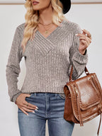 Ribbed Knit V-Neck Long Sleeve T-Shirt