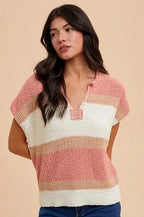 Annie Wear Low Gauge Color Block Textured Sweater Top