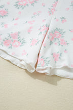 Women's Pink Floral Lettuce Trim Ribbed Tee and Shorts Lounge Set