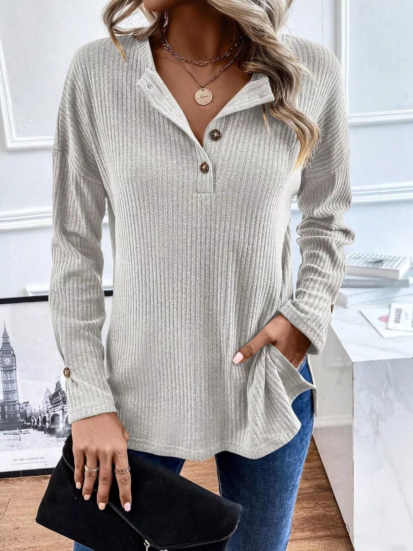 Ribbed Knit Button Detail Long Sleeve T-Shirt