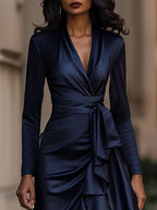 Midnight Blue Draped Satin Maxi Dress With Ruffle Details
