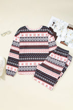 Black Retro Christmas Pattern Loose Pullover 2pcs Lounge Pant Set