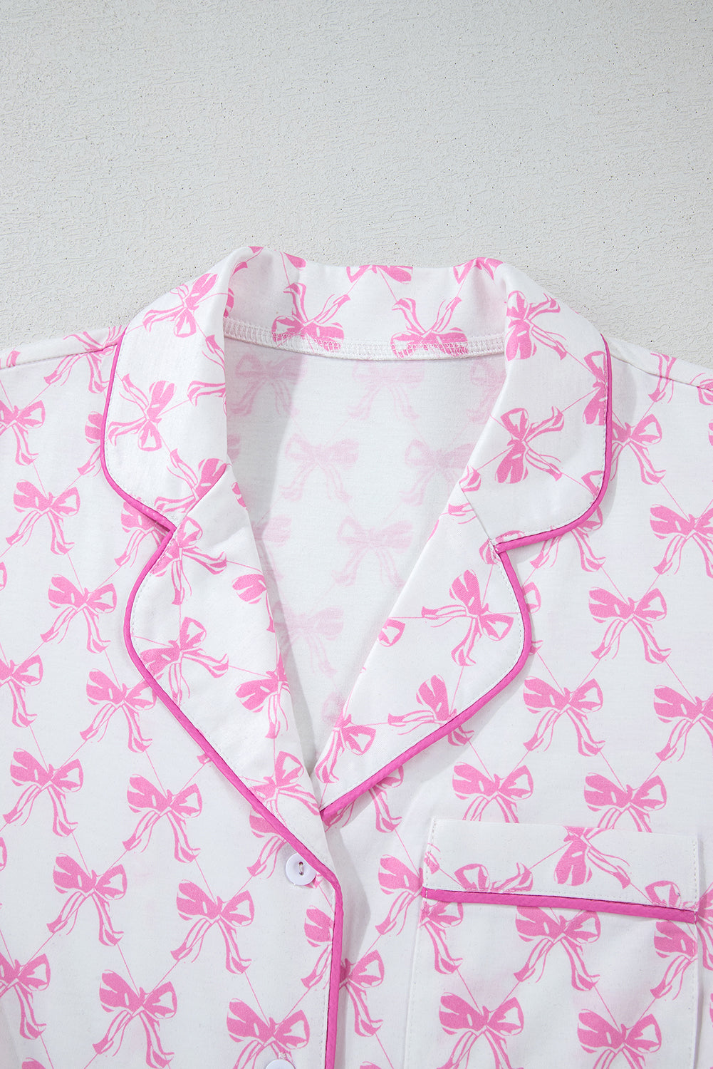 Cute Pink Bowknot Printed Short Sleeve Pajama Set with Ruffled Shorts