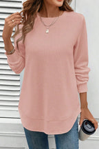 Gossamer Pink Rounded Hem Waffle Long Sleeve Top