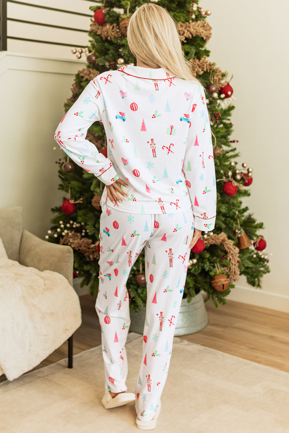 Festive White Christmas Print Lapel Shirt and Pants Sleepwear Set