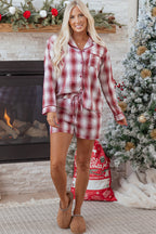 Red Retro Plaid Long Sleeve Shirt Drawstring Shorts 2pcs Lounge Set