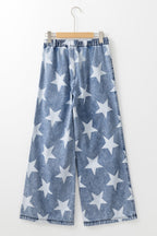 Light Blue Star Print Light Wash Drawstring Elastic Waistband Wide Leg Jeans