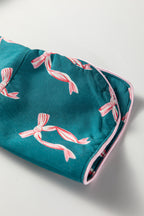 Silky Green Bow Print Long Sleeve Pajama Set with Shorts for Women