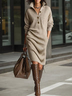 Solid Color Stand Collar Long Sleeve Loose Knit Dress - Comfortable & Stylish