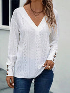 Eyelet V-Neck Long Sleeve T-Shirt
