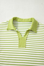 Green Stripe Collared V Neck Drop Shoulder Pullover and Skort 2pcs Outfit
