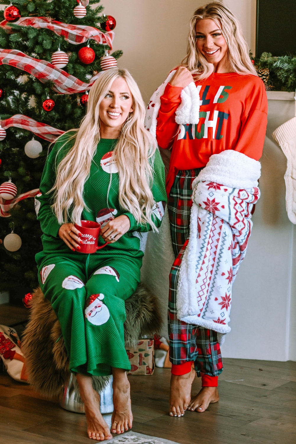Cozy "ALL IS BRIGHT" Graphic Christmas Plaid Pajama Set for Women - Festive Long Sleeve Top & Jogger Pants