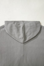 Gray Waffle Printed Patchwork Drawstring Hooded Long Sleeve Top