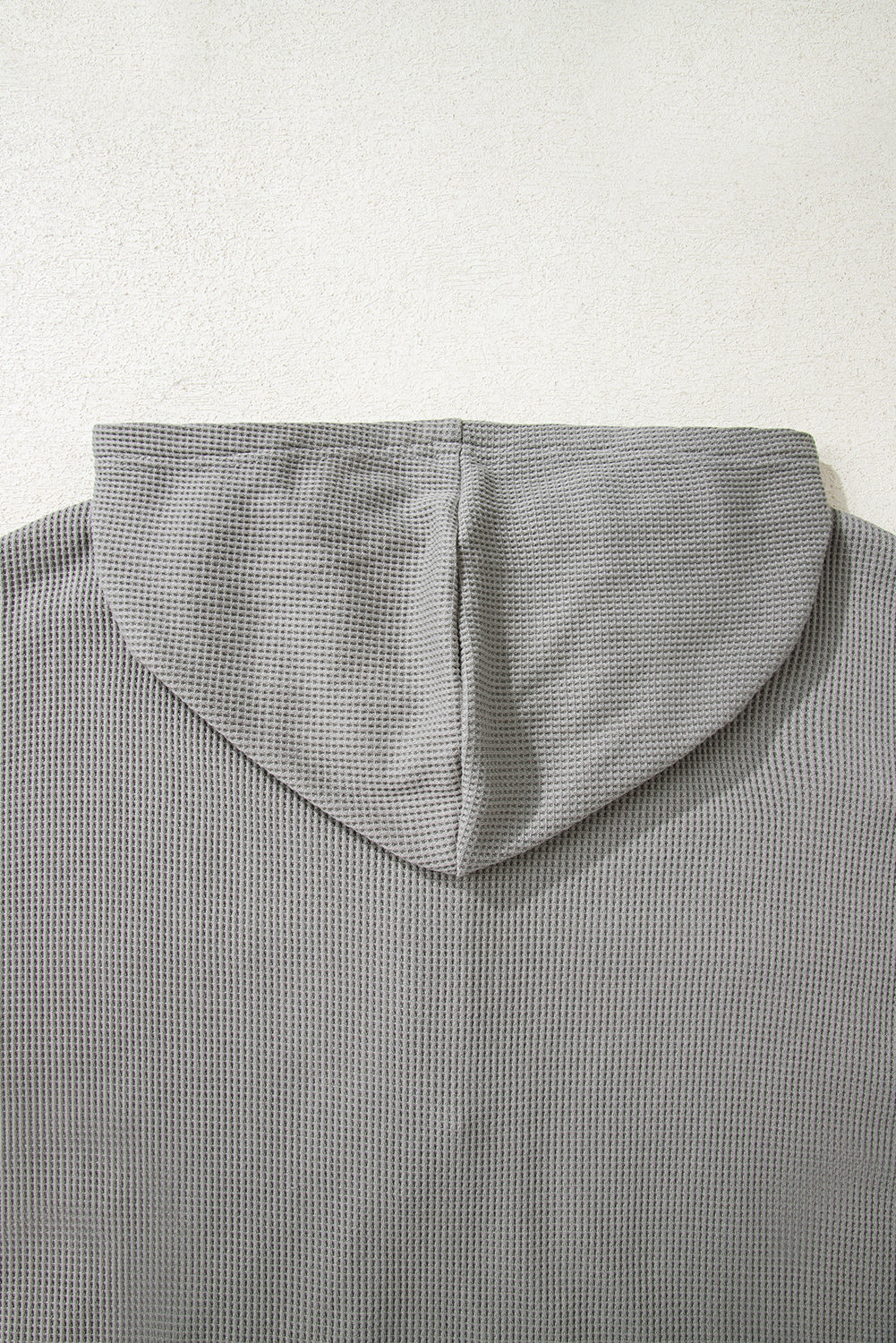 Gray Waffle Printed Patchwork Drawstring Hooded Long Sleeve Top