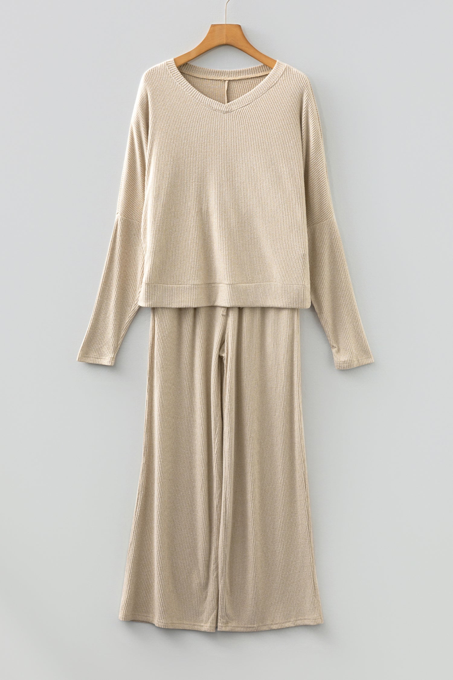 Jet Stream 3D Ribbed V Neck Pullover Drawstring Pants 2 Piece Lounge Set