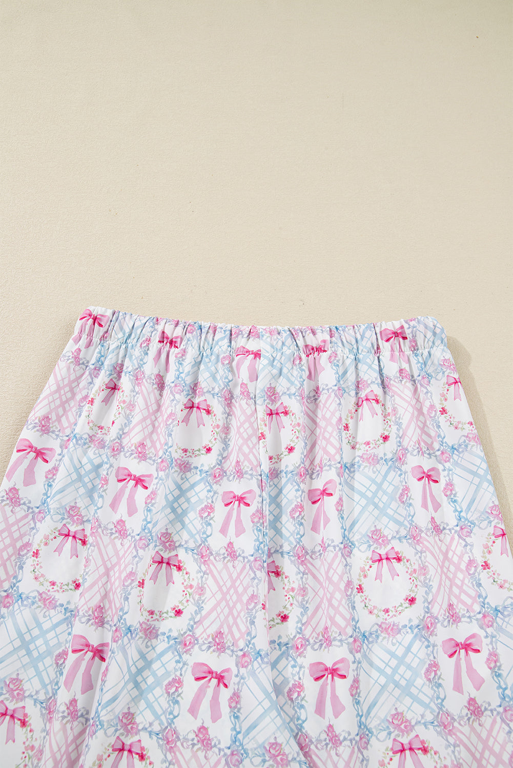 Festive Pink Bow Wreath Pattern Christmas Holiday Tied Front Long Sleeve 2-Piece Pajama Set