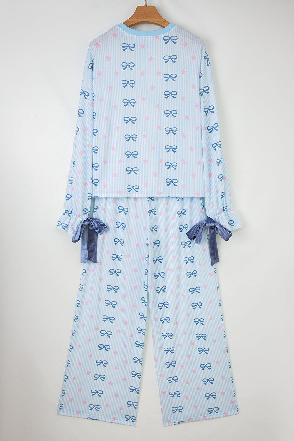 Sky Blue Stripe Bow Star Print Tied Detail 2pcs Lounge Set