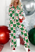 Festive Green Holly Jolly Checkered Pattern 2-Piece Long Pajama Set for Women