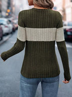 Color Block Ribbed Knit Long Sleeve T-Shirt