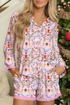 Festive Pink Christmas Holiday Print Nutcracker Long Sleeve Pajama Set with Shorts - 2 Piece Sleepwear