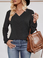 Ribbed Knit V-Neck Long Sleeve T-Shirt