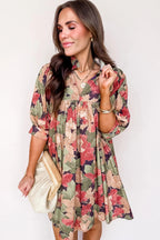 Green Floral Print Frilled Collar V Neck Half Sleeve Mini Dress