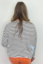 Gray Stripe Starry Patch Drop Shoulder Raw Edge Casual Knit Top