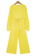 Yellow Cream Drop Shoulder Puff Sleeve Crop Pullover Drawstring Wide Leg Pants Set