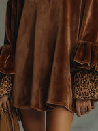 Luxurious Velvet Leopard Print Cuff Flounce Sleeve Mini Dress for Autumn Evenings