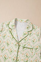 Green Floral Print Turn-down Collar Short Pajamas Set