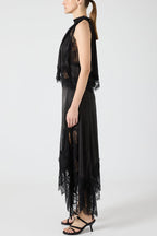 Elegant Lace Pleated Collar Sleeveless Top with Irregular Slit Satin Skirt Set - Perfect for Parties and Vacations