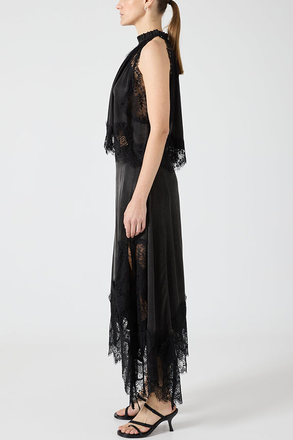 Elegant Lace Pleated Collar Sleeveless Top with Irregular Slit Satin Skirt Set - Perfect for Parties and Vacations