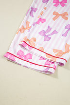 Pink Striped Bow Print Contrast Piping Trim Shirt and Pants 2pcs Pajama Set