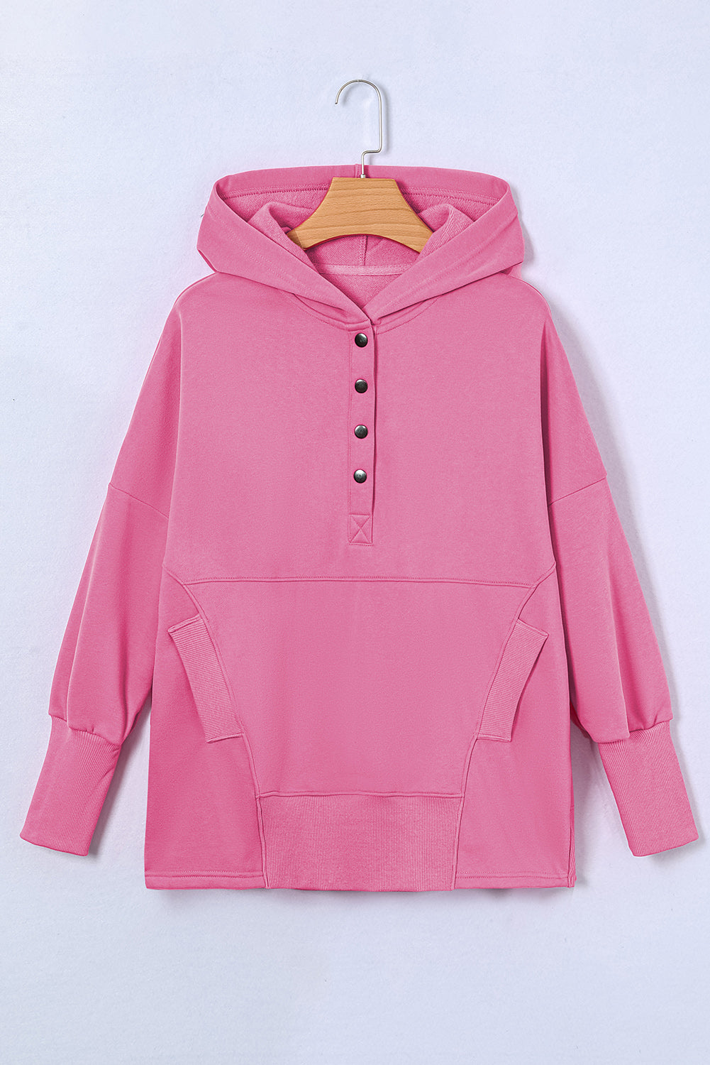 Pink Batwing Sleeve Pocketed Henley Hoodie