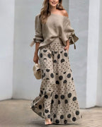 Elegant Casual Shoulder Top and Printed Pants Two-Piece Set for Daily & Holiday Wear