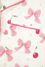 Beige Bow Fruit Print Contrast Pipping Short Pajamas Set