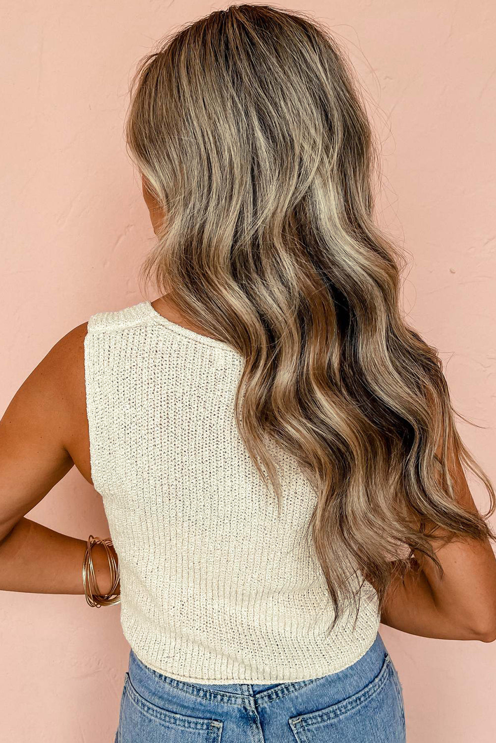 Beige Lace-Up Front V Neck Sweater Vest