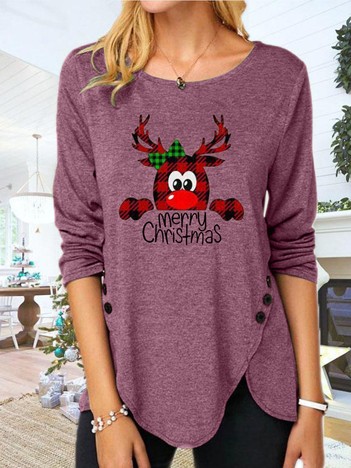 Blue Zone Planet |  Full Size Reindeer Round Neck Long Sleeve T-Shirt