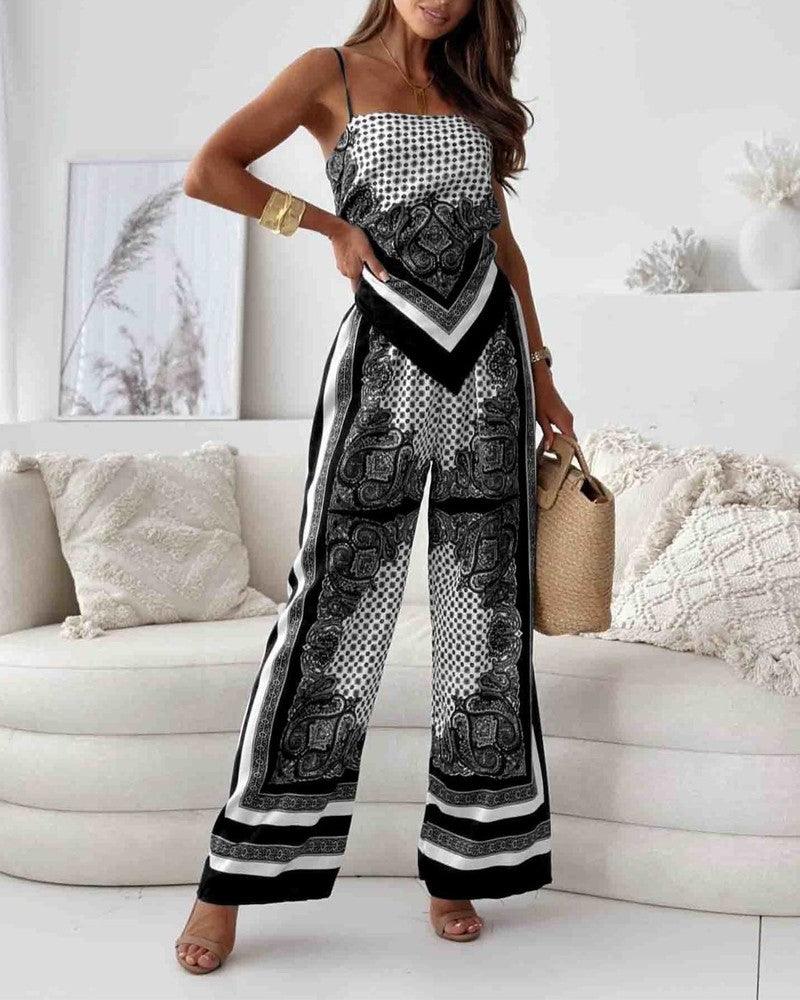 Chic Printed Lace-Up Vest & Pants Set - Two-Piece Casual Outfit for Daily, Holiday, and Going Out