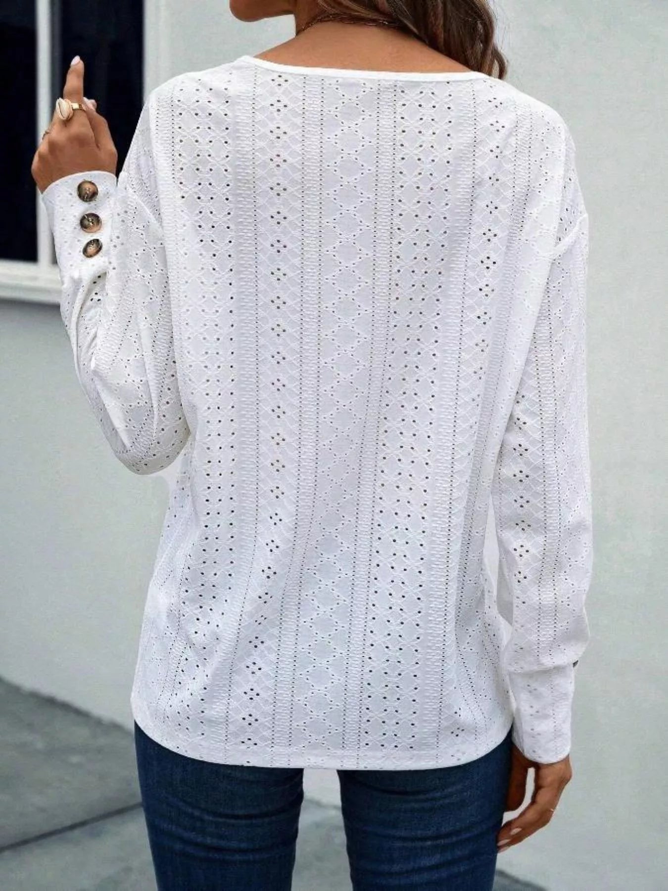 Eyelet V-Neck Long Sleeve T-Shirt