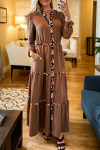 Chestnut Floral Patchwork Detail Notched Neck Long Sleeve Maxi Dress