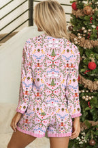 Festive Pink Christmas Holiday Print Nutcracker Long Sleeve Pajama Set with Shorts - 2 Piece Sleepwear