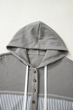 Gray Waffle Printed Patchwork Drawstring Hooded Long Sleeve Top