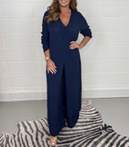 Elegant V-Neck Tie-Front Casual Two-Piece Set: Long Top and Wide-Leg Pants