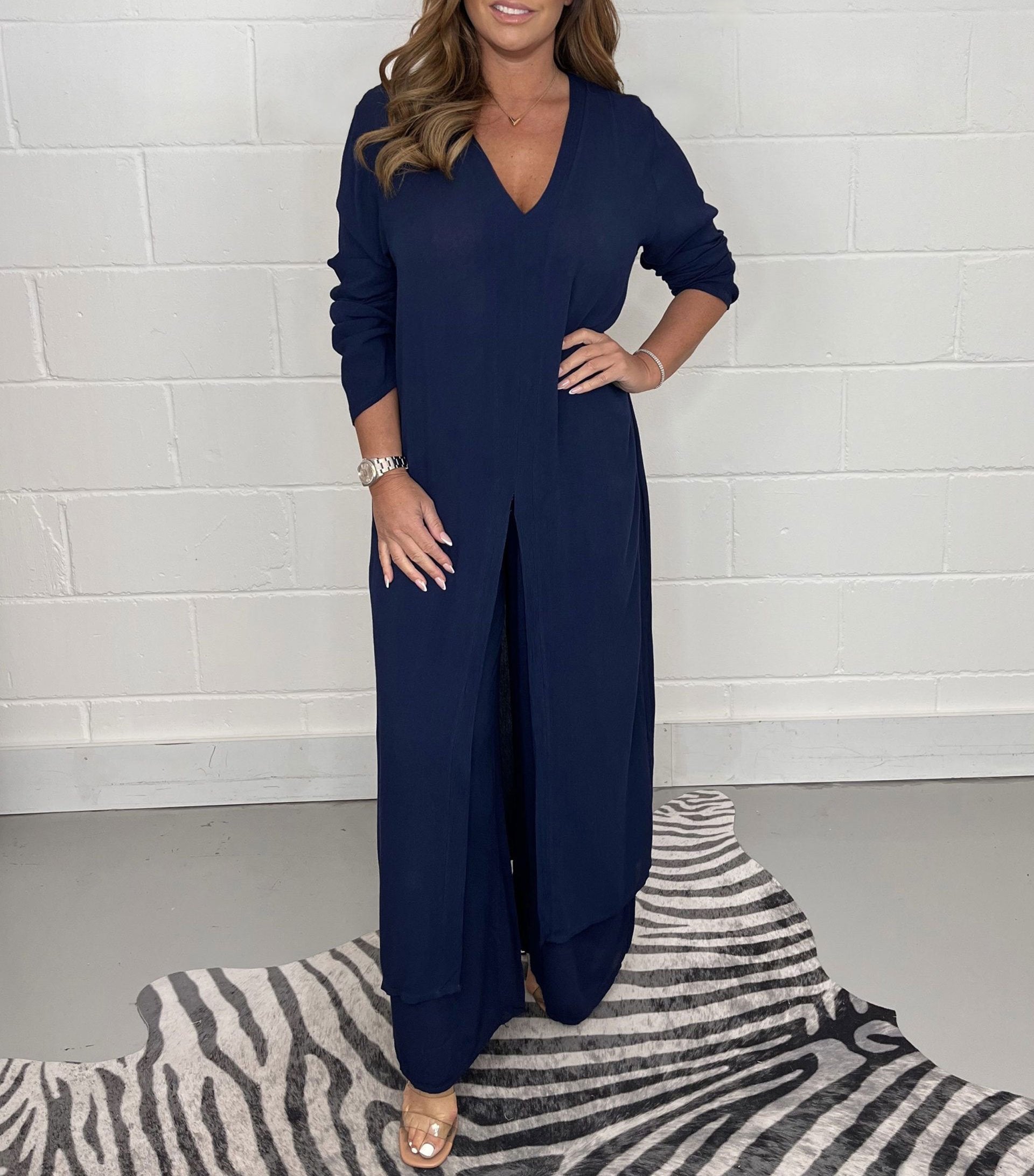 Elegant V-Neck Tie-Front Casual Two-Piece Set: Long Top and Wide-Leg Pants