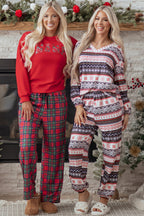 Festive Red Plaid Mama Graphic Christmas Holiday Crewneck Pullover and Pants Two-Piece Lounge Set