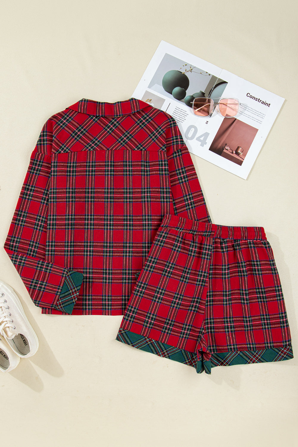 Dearlovers Women's Red Plaid Contrast Patched Christmas Holiday Long Sleeve Shirt and Short 2-Piece Pajama Set