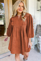 Cinnamon Bracelet Sleeve Split Neck Scallop Detail Pleated Corduroy Mini Dress