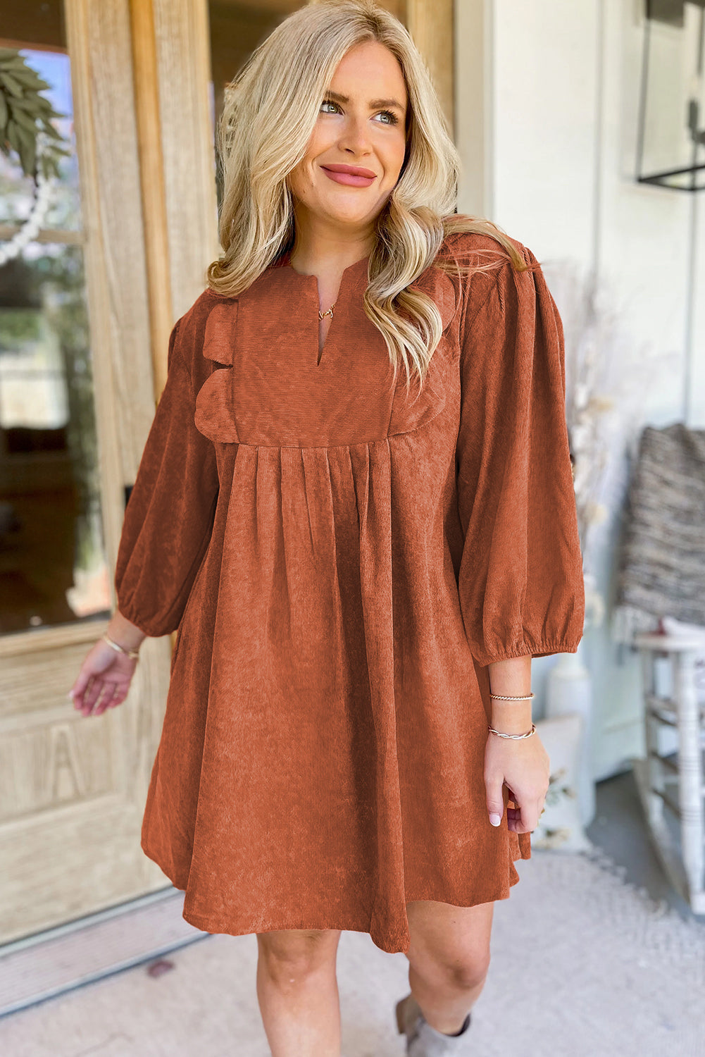 Cinnamon Bracelet Sleeve Split Neck Scallop Detail Pleated Corduroy Mini Dress