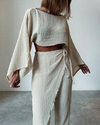 Woven Cotton and Linen Two-Piece Set with Lace-Up Detail